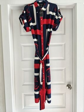 Lauren Ralph Lauren Navy, Red & White Striped Button-Front Maxi Shirt Dress